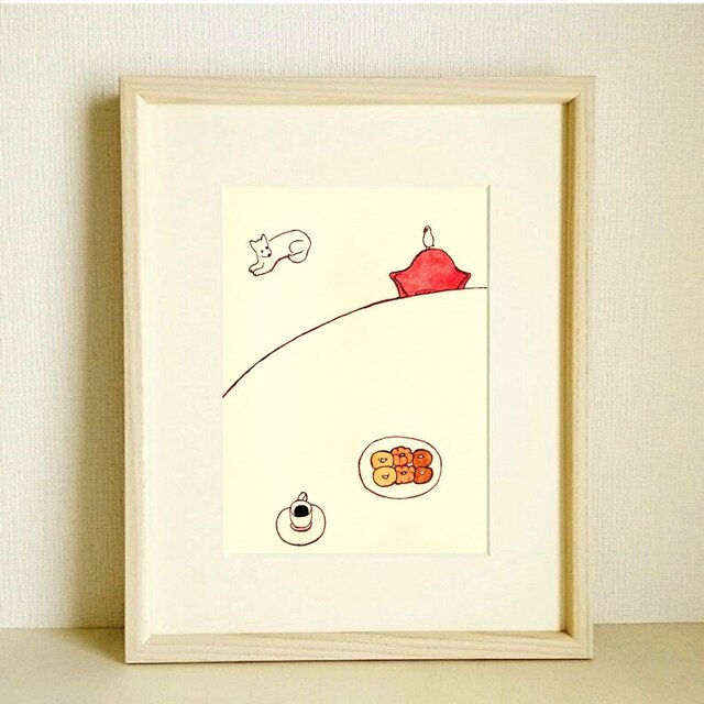 犬イラスト｜水彩 原画「ドーナツ」 ※木製額縁入り（インチサイズ）