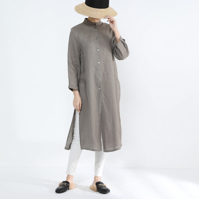 羽織にもなるスタンドカラーシャツワンピース・リネン100％・モカ·サイズオーダーok