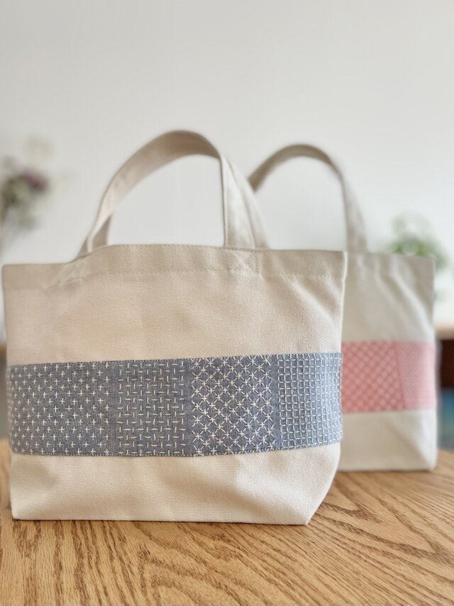 刺し子トートバッグ 刺繍 寄せ模様 お弁当バッグ お散歩バッグ 和柄