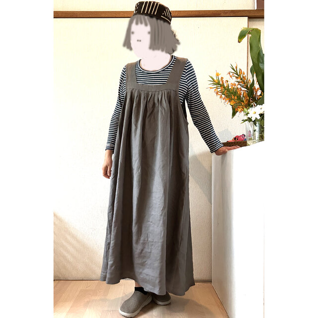 SALE リネン フリーサイズ・ルーミーワンピース　グレー