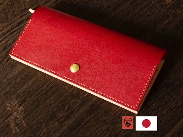 SALE】栃木レザー 手縫い長財布 レッドx生成り バイカーズウォレット