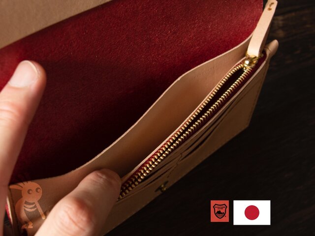 手縫い 長財布 ラウンドファスナーウォレット ブラック レッド 栃木レザー SALE】栃木レザー 手縫い長財布 レッドx生成り バイカーズウォレット