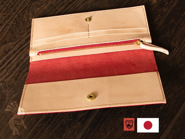 SALE】栃木レザー 手縫い長財布 レッドx生成り バイカーズウォレット