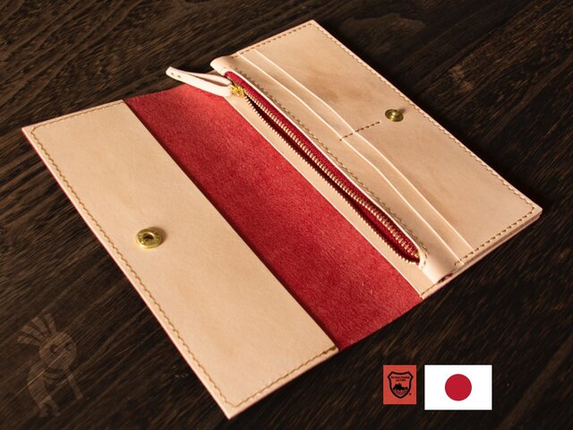 SALE】栃木レザー 手縫い長財布 レッドx生成り バイカーズウォレット