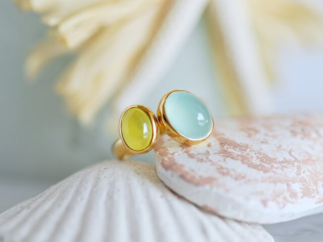 シーブルーカルセドニー ＆イエロープレナイト ダブルストーンリング
