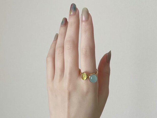 シーブルーカルセドニー ＆イエロープレナイト ダブルストーンリング