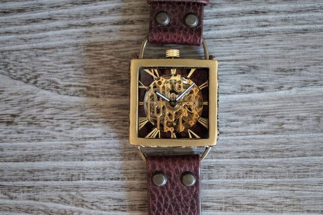 メカニックゴールド スクエア 真鍮 ワインブラウン 手作り腕時計