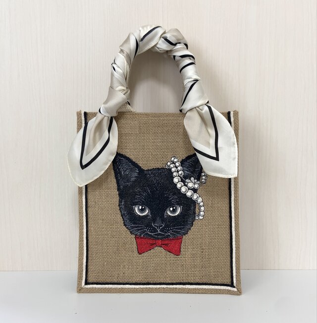 オリジナル 黒 猫 手描き ジュートバッグ ねこ ネコ バッグ 鞄 size S