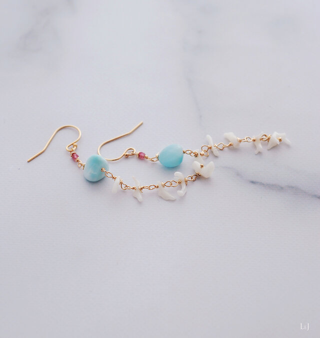 ピンクトルマリン・ラリマー・枝珊瑚のロングピアス Dolce98