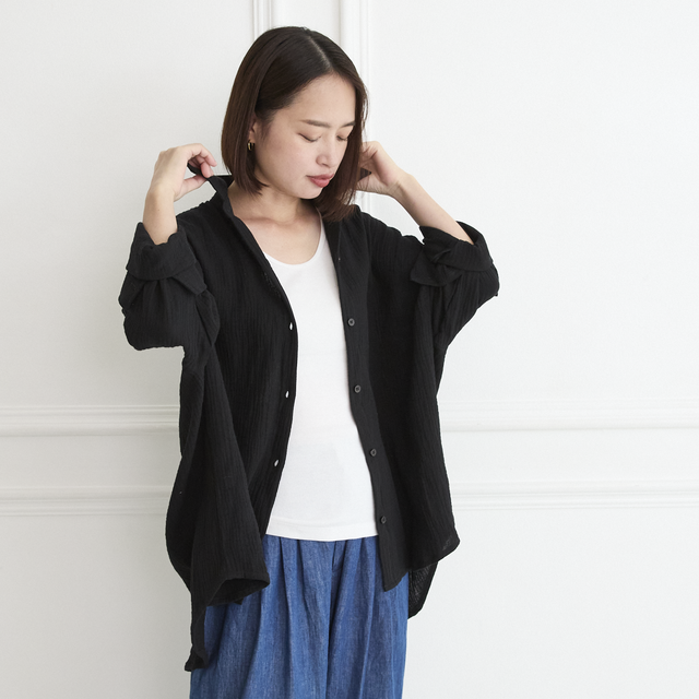 柔らかサラサラ素材✨ 羽織る コットンダブルガーゼ シャツ ブラック