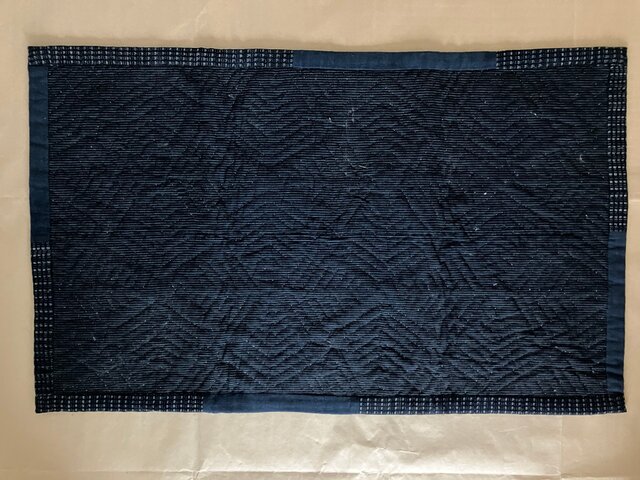 幾何学 - 黒x青 古布 パッチワーク ラグ マットレス 敷物