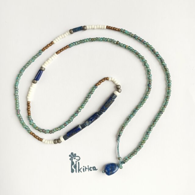 Wラピスとピカソビーズの4wayネックレス／ブレス/アンクレット (#1020)(受注製作）