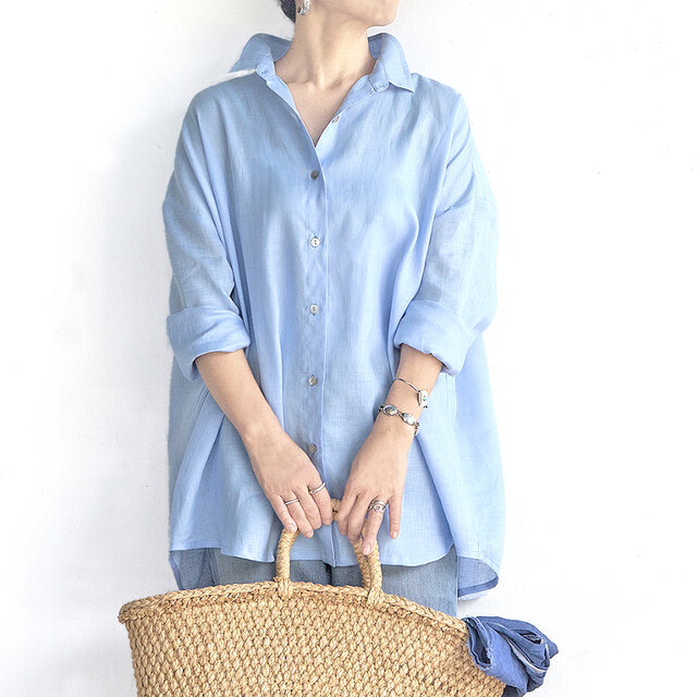リネンオーバーシルエットシャツ（水色）
