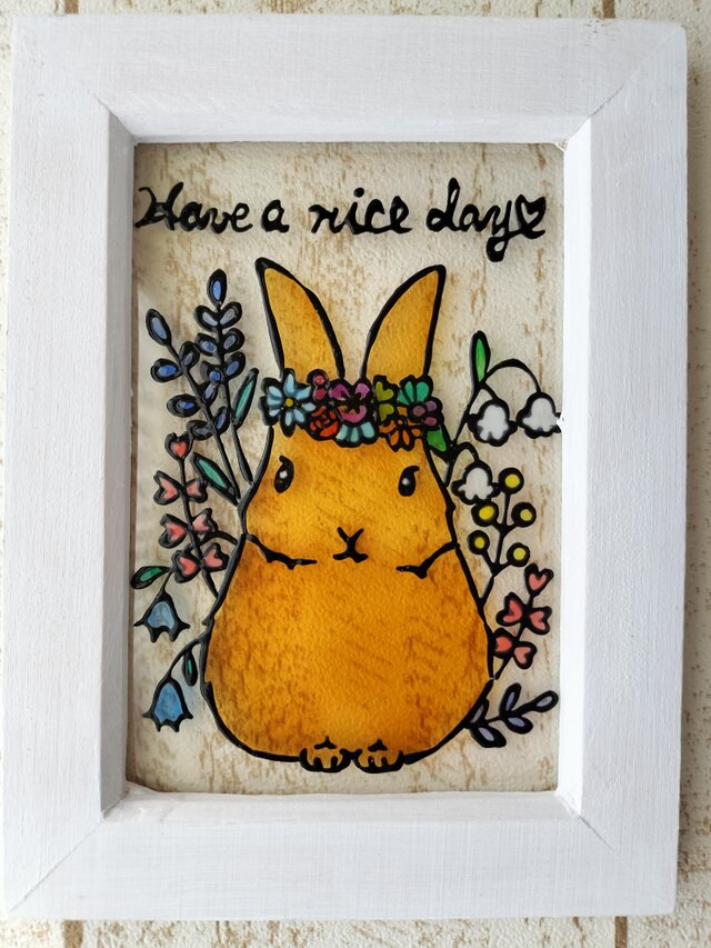 送料無料*ステンドグラス風*ウサギ･ネザーランドドワーフ･お花･ナチュラル･ハンドメイド♪