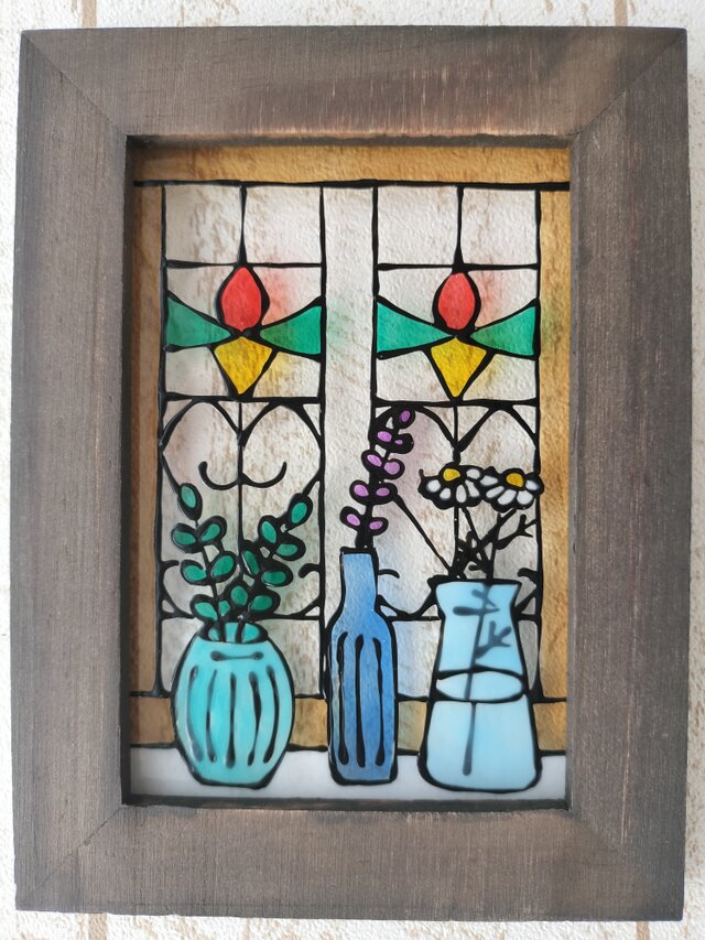 送料無料*ステンドグラス風*ハーブ赤･ステンドグラスの窓･ハンドメイド♪