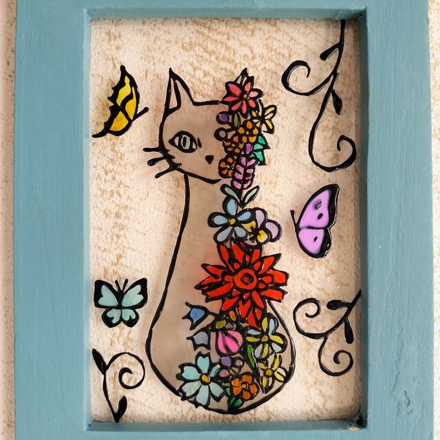 送料無料*ステンドグラス風*猫･お花･ハンドメイド♪
