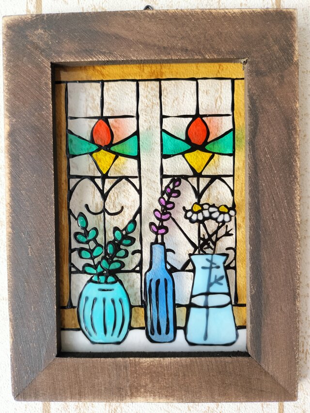 送料無料*ステンドグラス風*ハーブ赤･ステンドグラスの窓･ハンドメイド♪