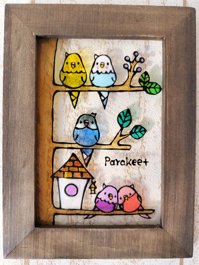 送料無料*ステンドグラス風*インコとおうち･ブラウン系･ハンドメイド♪