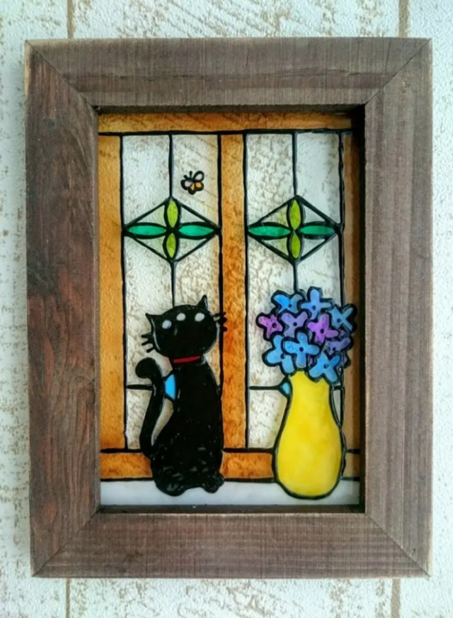 猫と窓　ステンドグラス