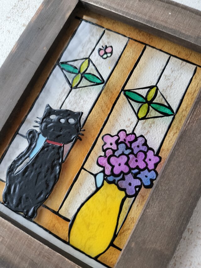 ハンドメイド ステンドグラスキルトタペストリー　猫とひまわり ハンドメイド パッチワーク ステンドグラスキルト タペストリー