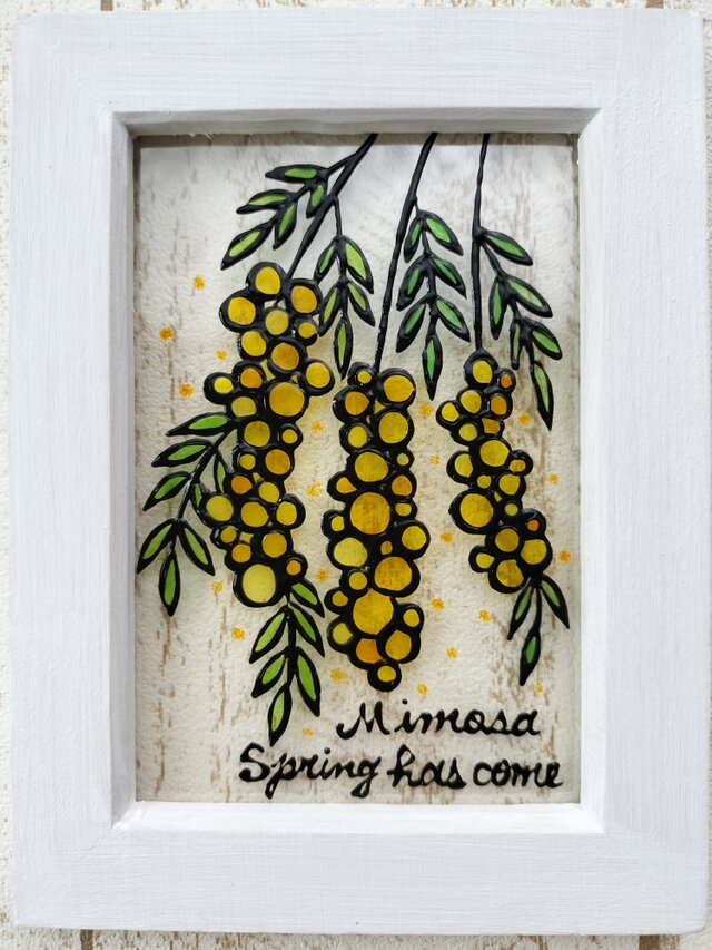 ステンドグラス・絵付けパネル　ミモザ 絵付けステンドグラス ミニパネル/つぐみと桜/額付き その他