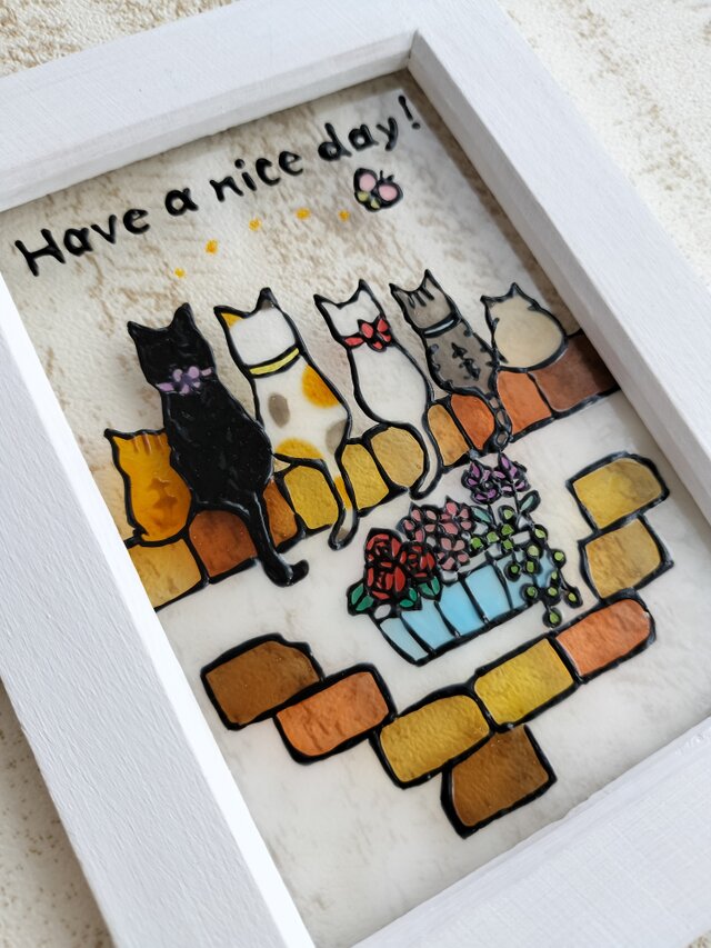 送料無料*ステンドグラス風*猫とレンガの壁・ハンドメイド