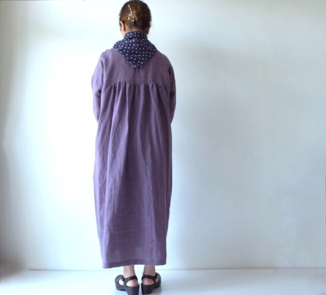 山葡萄色・やまぶどう 天日干しリネン・小さいリボンのオーバーサイズ