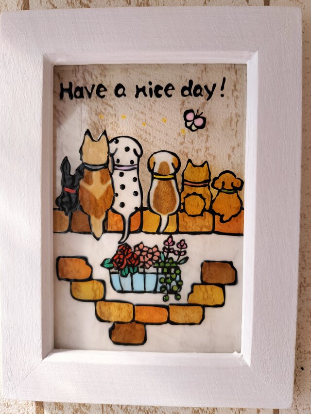 送料無料*ステンドグラス風*犬とレンガの壁･ハンドメイド♪