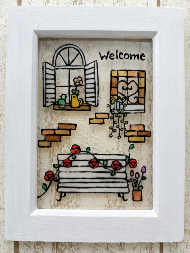 送料無料*ステンドグラス風*薔薇ベンチのウエルカム･ハンドメイド♪