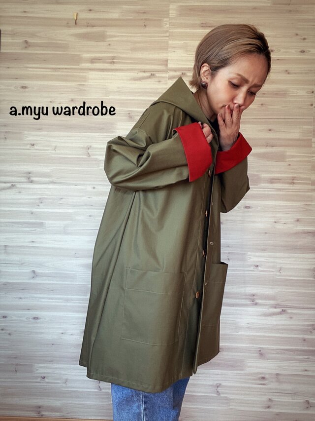 a.myu秋色♪ボルドーカーキグリーン♪上質なコットンオーバーサイズのコートジャケ