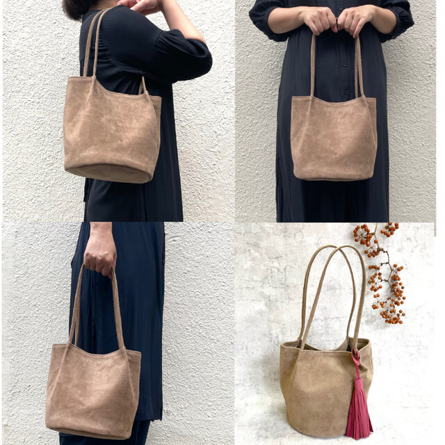 丸底トートバッグ ころりんバッグ ハンドメイド グレージュ 2個まとめ買い ころんと丸底（まるそこ）スエードバッグ グレージュ | iichi
