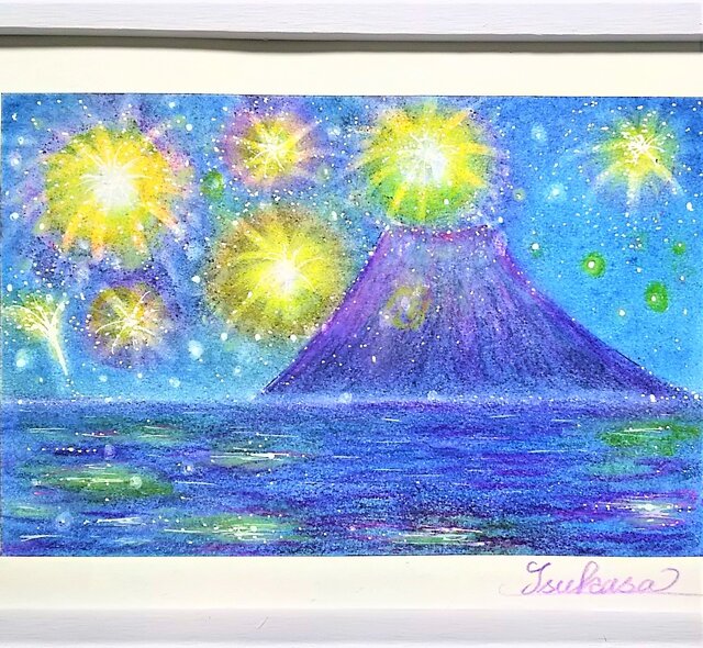パステルアート 花火と富士山 パステル画原画 | iichi 日々の暮らしを