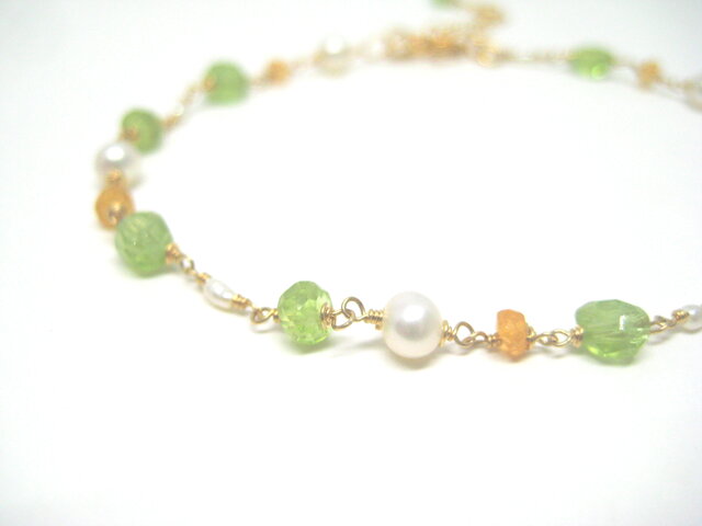 14KGF ペリドットと淡水パールのブレスレット 14KGF ペリドット・マンダリンガーネット・淡水パールのブレスレット