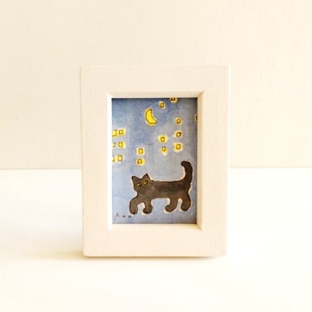 猫のイラスト｜原画「good night」※木製額縁入り　インテリアアート