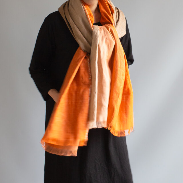 PSNY 手揉みリネン楊柳のグラデーション・ブリック・大判ストール 近江ちぢみ 手染め Scarf SG03