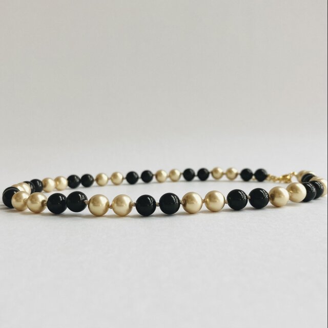 ガラスパールコンビオールノットネックレス/8mm約43cm+5cm/ゴールドxブラック/G/日本製