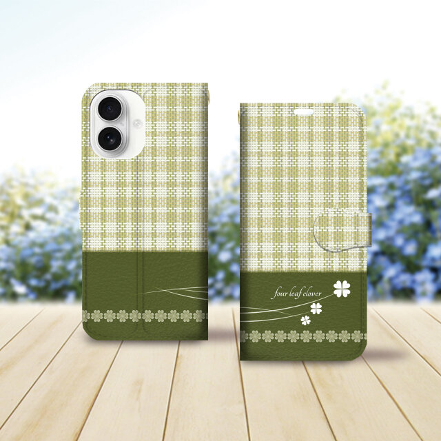 iPhone専用 手帳型スマホケース （カメラ穴あり/はめ込み式/スタンド機能付き）【クローバー】