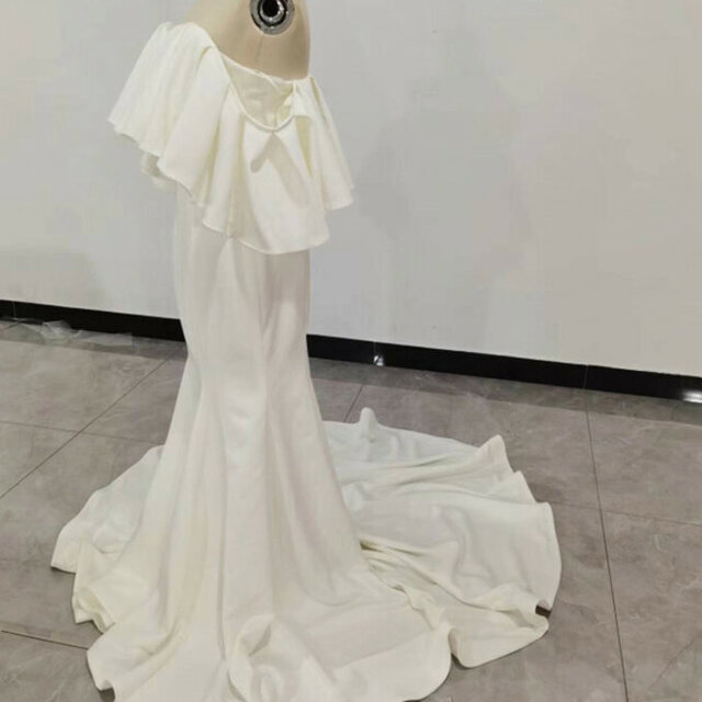 ソフトマーメイド ホワイト ウエディングドレス オフショルダー ロングトレーン 2次会 前撮り 花嫁 挙式