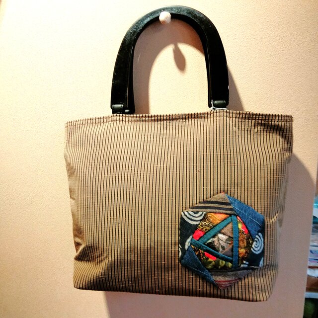 着物　パッチワーク付きトート型手さげバッグ（大）