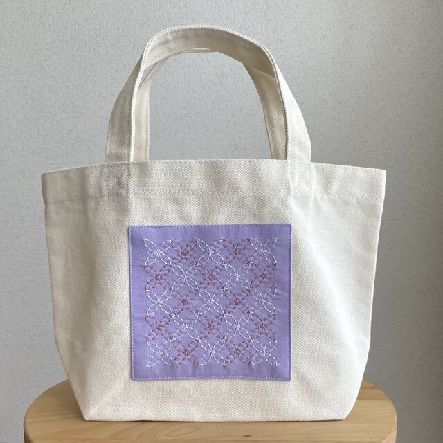 刺し子トートバッグ パープル/七宝つなぎ 刺繍 キャンバス 花柄