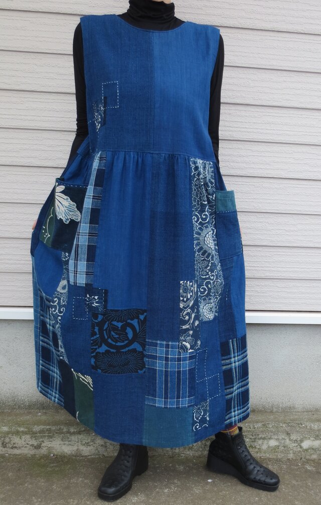 通販セール藍染と浅葱色の組み合わせフードジャンバースカート その他