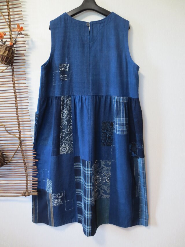 古布リメイク 藍染パッチジャンバースカートワンピース 藍染 ゆったり