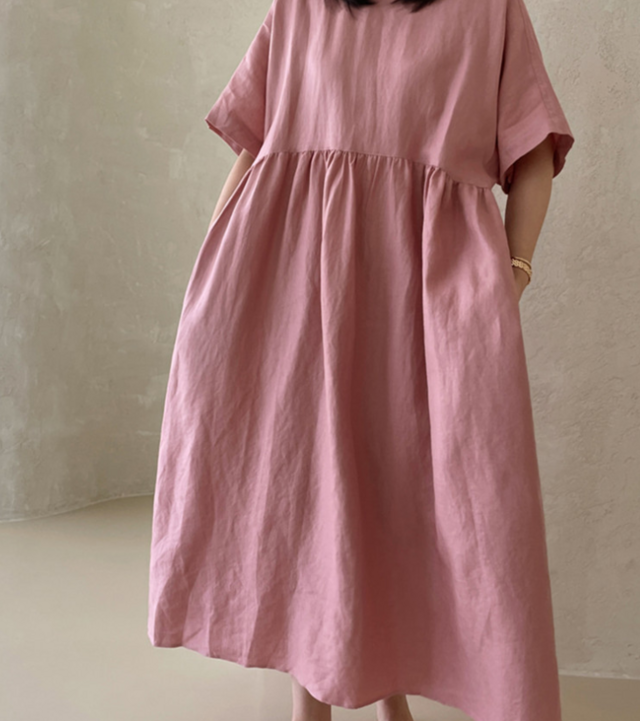 送料無料♪コットンリネンドレス /ルーズドレスハイウエスト ゆったりワンピース