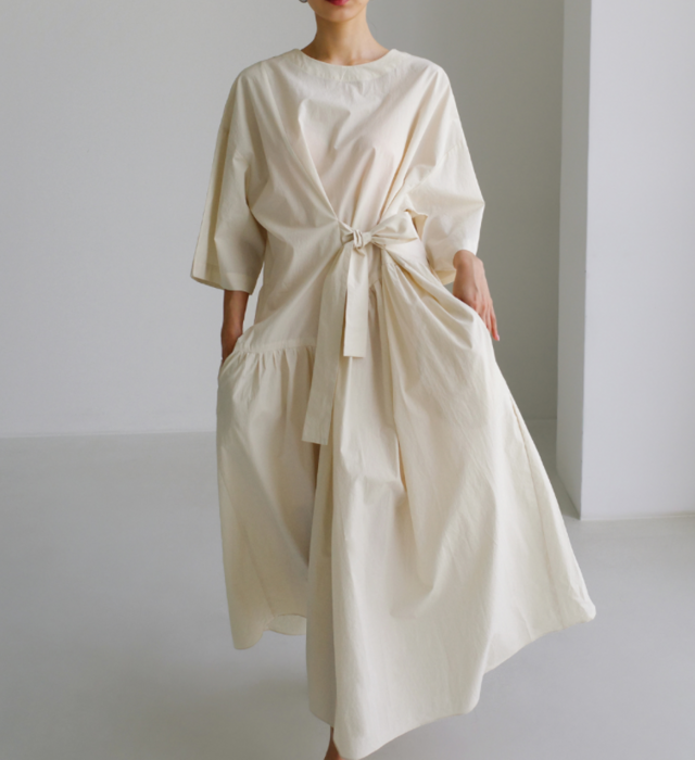 送料無料♪コットンドレス /ルーズドレスハイウエスト ゆったりワンピース　ベージュ