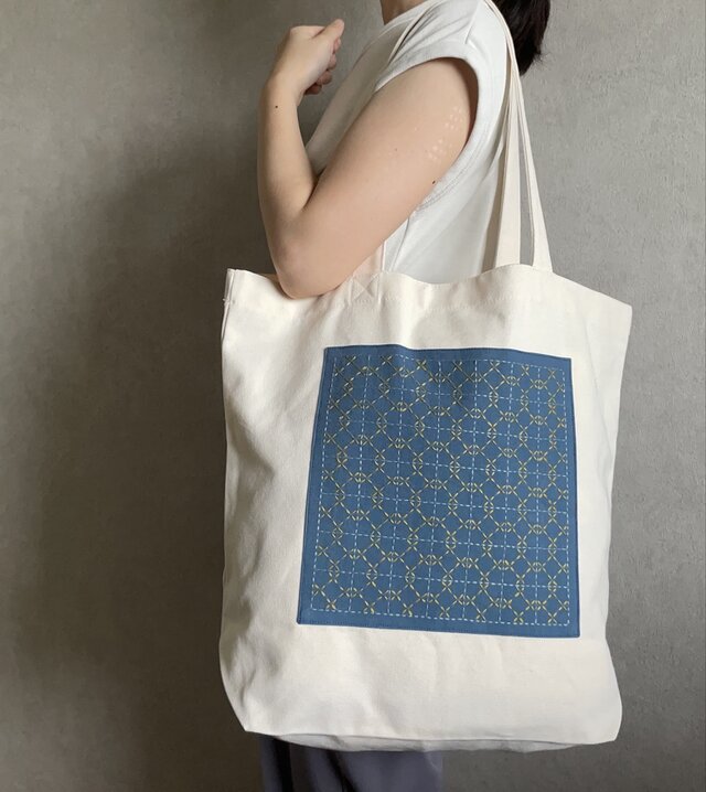 受注制作】刺し子トートバッグL 刺繍 大容量 キャンバス 和柄 北欧 肩