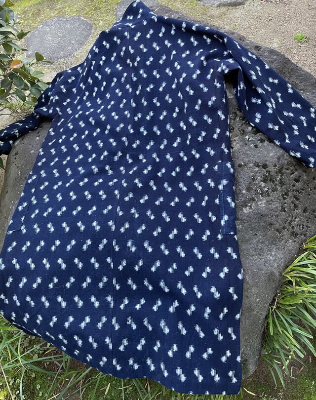 【着物リメイク】絣の衿付きコートワンピース/藍染め