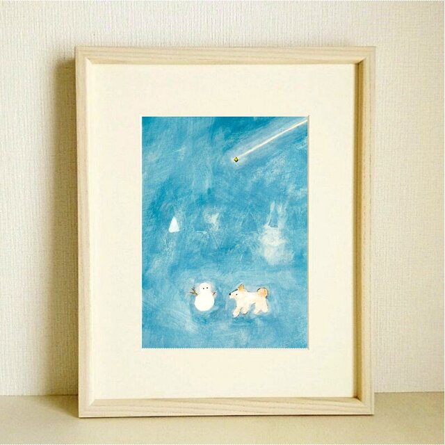 犬の絵｜原画「雪だるまと白い犬」※木製額縁入り（インチサイズ）