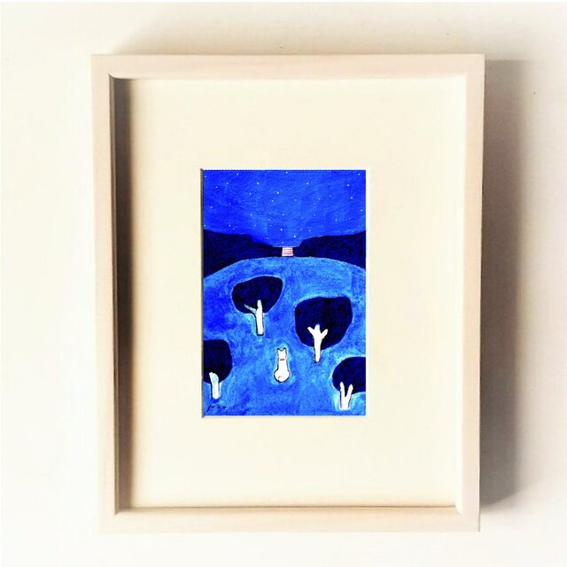 原画「夜空」 ※木製額縁入り（インチサイズ）水彩・犬・イラスト・送料