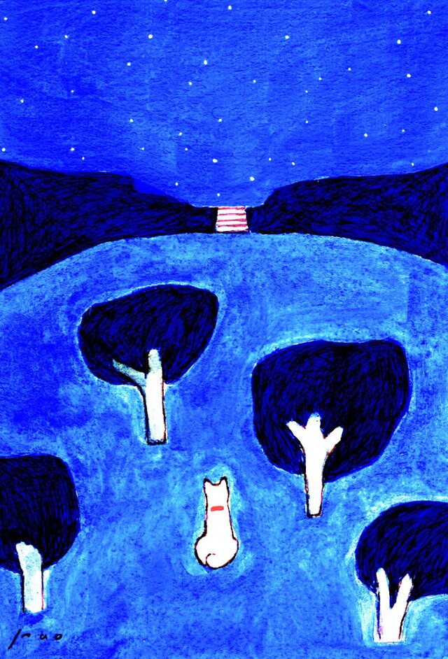 原画「夜空」 ※木製額縁入り（インチサイズ）水彩・犬・イラスト・送料