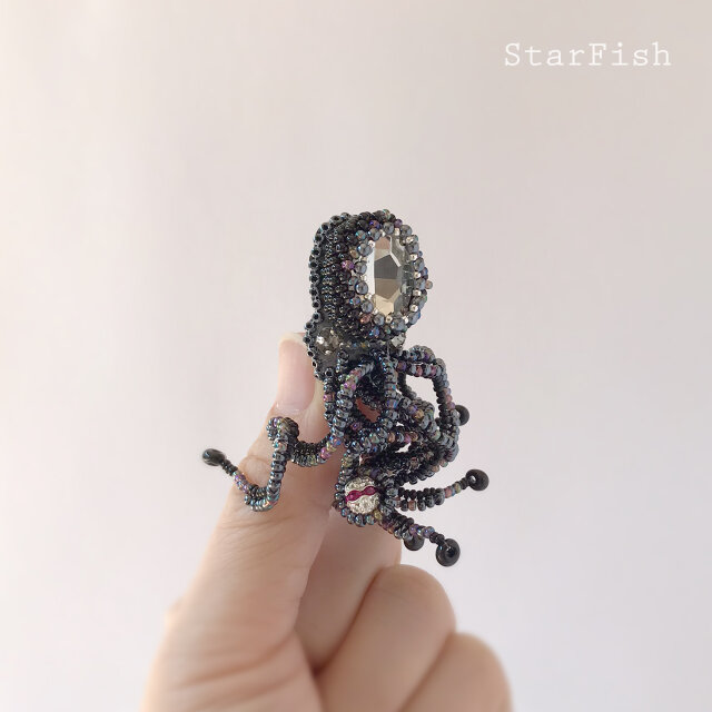 【タコ】蛸 Octopus ビーズ刺繍 ブローチ(D13)